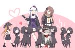  6+girls absurdres alternate_costume bangs black_hair blush brown_hair cheek_pinching closed_eyes facial_mark g11_(girls_frontline) girls_frontline gloves green_eyes hair_ornament heart highres hk416_(girls_frontline) indian_style jacket long_hair long_sleeves mechanical_arm mod3_(girls_frontline) multiple_girls nyto_larvae_(girls_frontline) one_eye_closed open_mouth paradeus pinching pink_background scar scar_across_eye short_hair silver_hair sitting standing two-tone_background ump45_(girls_frontline) ump9_(girls_frontline) white_background wig wo_you_yibei_jia_wanli yellow_eyes younger 