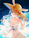  1girl adapted_costume animal_ear_fluff animal_ears blue_sky blush braid breasts bunny_ears carrot_hair_ornament cleavage cloud cloudy_sky collarbone commentary cowboy_shot day dress food_themed_hair_ornament hair_ornament hand_on_headwear hat highres hololive i_krh light_blue_hair long_hair looking_at_viewer medium_breasts multicolored_hair off-shoulder_dress off_shoulder one_eye_closed outdoors parted_lips red_eyes sky smile solo spaghetti_strap straw_hat symbol-shaped_pupils symbol_commentary twin_braids twintails two-tone_hair usada_pekora virtual_youtuber white_dress white_hair wrist_cuffs 