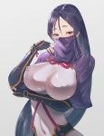  1girl arm_support arm_under_breasts black_hair bodysuit breasts cero320 fate/grand_order fate_(series) fingerless_gloves gauntlets gloves highres large_breasts long_hair looking_at_viewer minamoto_no_raikou_(fate/grand_order) mouth_veil see-through skin_tight veil 