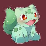  1:1 2017 ambiguous_gender bulbasaur claws green_body green_markings markings nintendo open_mouth open_smile outline pok&eacute;mon pok&eacute;mon_(species) red_background red_eyes seviyummy signature simple_background sitting smile solo video_games 