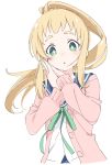  1girl :o blonde_hair blush cardigan eyebrows green_eyes green_neckwear green_ribbon inose_mai ixy koisuru_asteroid long_hair long_sleeves pink_cardigan ponytail ribbon school_uniform simple_background solo thick_eyebrows white_background 