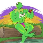  1:1 2019 abs amphibian anthro beverage big_muscles book bulge clothed clothing frog grass green_body green_skin holding_book holding_object kermit_the_frog log male muppets muscular muscular_male pecs reading sitting solo speedo swimwear tea teabag the_purple_wolf_guy topless underwear water wood 
