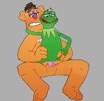  2020 amphibian anal anal_penetration anthro bite biting_lip biting_own_lip bodily_fluids brown_clothing brown_hat brown_headwear clothing duo featureless_crotch fozzie_bear frog fur genitals green_body grey_background hat headgear headwear kermit_the_frog looking_pleasured male male/male male_penetrated male_penetrating male_penetrating_male mammal muppets narrowed_eyes necktie open_mouth penetration penis self_bite sex simple_background smile sweat ubernerdmaster ursid 