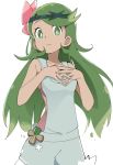  1girl closed_mouth dark_skin flower green_eyes green_hair hair_down hair_flower hair_ornament ixy long_hair looking_at_viewer mao_(pokemon) pokemon pokemon_(game) pokemon_sm simple_background solo trial_captain white_background 