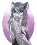  2020 5_fingers anthro black_spots blue_eyes breasts clothed clothing digital_media_(artwork) eyebrows eyelashes felid female fingers fur grey_body grey_fur grey_hair hair looking_at_viewer mammal pantherine pink_nose smile snow_leopard solo spots spotted_body spotted_fur whiskers yasmil 