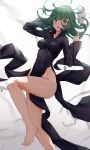  1girl absurdres bald bare_legs barefoot black_dress cqingwei curly_hair dress feet flipped_hair floating floating_rock green_eyes green_hair highres levitation long_hair no_panties one-punch_man side_slit tatsumaki telekinesis 