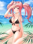  1girl azur_lane beach bikini black_bikini blue_sky breasts bremerton_(azur_lane) cleavage cloud collarbone full_body highres horizon large_breasts leaf long_hair looking_at_viewer missing_limb multicolored_hair nersiyan ocean outdoors pink_hair red_eyes shading_eyes side-tie_bikini sitting sky smile solo streaked_hair swimsuit twintails wariza 