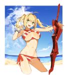  1girl aestus_estus ahoge ass_visible_through_thighs beach bikini blonde_hair border bracelet breasts cloud commentary_request criss-cross_halter cropped_legs day eyebrows_visible_through_hair fate/grand_order fate_(series) green_eyes groin hair_intakes halter_top halterneck highres holding holding_sword holding_weapon jewelry large_breasts long_hair looking_at_viewer navel nero_claudius_(fate)_(all) nero_claudius_(swimsuit_caster)_(fate) ocean outside_border planted_sword planted_weapon red_bikini sa/tsu/ki side-tie_bikini smile solo standing striped striped_bikini swimsuit sword twintails underboob weapon white_border 