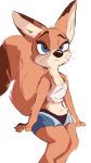  2020 anthro black_nose blue_eyes brown_body brown_fur canid canine clothed clothing crop_top female fox fully_clothed fur hi_res mammal midriff shirt simple_background sitting solo tohupo topwear whiskers white_background 