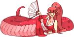  1girl blush bottomless breasts cleavage cosplay fan fang fatal_fury folding_fan full_body hair_ornament hairclip holding holding_fan lamia large_breasts long_hair long_pointy_ears lying miia_(monster_musume) monster_girl monster_musume_no_iru_nichijou ninja on_side open_mouth pointy_ears ponytail red_hair rtil scales shiranui_mai shiranui_mai_(cosplay) smile solo the_king_of_fighters white_background yellow_eyes 