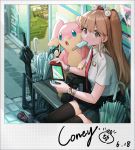  1girl absurdres audino bangs bench black_legwear black_skirt brown_hair buttons coca-cola collared_shirt commentary_request coney food gen_5_pokemon hair_ornament highres holding long_hair mouth_hold necktie nintendo_switch outdoors pokemon pokemon_(creature) popsicle red_neckwear shiny shiny_hair shirt sitting skirt thighhighs tin_can umbrella watch welcome_mat white_shirt wristwatch 