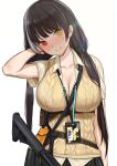  1girl absurdres black_hair black_skirt blush breasts collarbone collared_shirt cowboy_shot eyebrows_visible_through_hair girls_frontline gun hand_in_hair heterochromia highres kuro_(zhurunbo1997) large_breasts long_hair looking_at_viewer multicolored multicolored_eyes multicolored_hair nose ro635 ro635_(girls_frontline) shirt simple_background skirt sling smile streaked_hair submachine_gun sun_glare sweat sweater sweater_vest tsurime twintails weapon white_background 