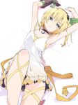  1girl armpits black_choker blonde_hair blush brown_gloves choker closed_mouth collarbone dress edna_(tales) gloves green_eyes green_ribbon hair_ribbon ixy looking_at_viewer lying on_back ribbon short_hair side_ponytail single_glove solo tales_of_(series) tales_of_zestiria white_dress 