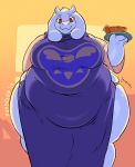  2019 anthro apron belly belly_overhang big_belly big_breasts boss_monster bovid breasts caprine clothing female food goat hi_res horn looking_at_viewer love_handles mammal mature_female obese obese_female onomatopoeia overweight overweight_female pie plate psydoux purple_apron smile solo sound_effects standing text thick_thighs tight_clothing toriel undertale video_games white_body wide_hips 