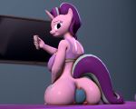  3d_(artwork) 5:4 anthro big_breasts bottomless breasts clothed clothing controller digital_media_(artwork) equid equine facesitting female friendship_is_magic hi_res horn looking_back mammal my_little_pony optica remote_control starlight_glimmer_(mlp) television unicorn wide_hips 