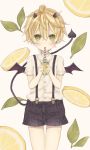  1boy blonde_hair blush drinking food fruit glass green_eyes hair_between_eyes highres horns kagamine_len lemon lemonade looking_at_viewer male_focus pointy_ears shorts solo suspender_shorts suspenders tail tsutsuji_(suisai02) vocaloid 