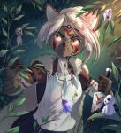  2020 amber_eyes anthro day detailed_background digital_media_(artwork) eyebrows eyelashes female forest fur ghibli grass grey_body grey_fur hair hi_res hyaenid kittysilence kodama_(princess_mononoke) mammal outside princess_mononoke solo tree white_hair 