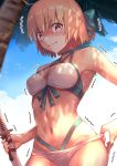  1girl absurdres ahoge bangs bikini blonde_hair blue_sky blush bow breasts closed_mouth cloud commentary_request day eyebrows_visible_through_hair fate/grand_order fate_(series) green_bow hair_bow highres holding holding_sword holding_weapon katana looking_at_viewer medium_breasts nakanishi_tatsuya navel okita_souji_(fate)_(all) okita_souji_(swimsuit_assassin)_(fate) outdoors short_hair sky smile solo sweat swimsuit sword trembling weapon white_bikini yellow_eyes 