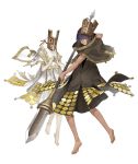  1boy 1girl barefoot dark_skin full_body fyra gold_trim green_eyes holding holding_spear holding_weapon ji_no looking_at_viewer mask mask_on_head masked_king nier nier_(series) official_art pale_skin polearm purple_hair sinoalice spear transparent_background weapon 