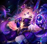  1girl armor artist_name bangs blonde_hair boots breasts commentary dark_cosmic_lux deviantart_logo deviantart_username dress eyebrows_visible_through_hair floating_hair frown hair_between_eyes hair_ornament highres hitokiri_battousai instagram_logo instagram_username knee_up large_breasts league_of_legends long_hair looking_at_viewer luxanna_crownguard magic pixiv_logo pixiv_username purple_eyes purple_hair solo thigh_boots thighhighs translation_request very_long_hair 