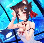  1girl alternate_costume animal_ear_fluff animal_ears artist_name bangs bare_arms bare_shoulders black_bra black_choker black_hair blush bra breasts cat_ears choker collarbone commentary deviantart_username dress fish fish_hair_ornament hair_ornament hair_ribbon highres hitokiri_battousai instagram_username kaguya-sama_wa_kokurasetai_~tensai-tachi_no_renai_zunousen~ looking_at_viewer medium_breasts orca parted_bangs pixiv_username red_eyes red_ribbon ribbon shinomiya_kaguya solo tearing_up underwear wavy_mouth white_dress wrist_cuffs 