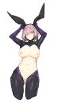  1girl animal_ears arms_up ass_visible_through_thighs blush breasts fake_animal_ears fate/grand_order fate_(series) gloves hair_over_one_eye highres large_breasts latex latex_gloves latex_legwear looking_at_viewer maebari mash_kyrielight meme_attire navel nipples pink_hair purple_eyes reverse_bunnysuit reverse_outfit sa/tsu/ki short_hair shrug_(clothing) solo stomach white_background 