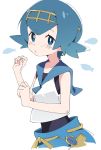  1girl blue_eyes blue_hair blush closed_mouth ixy looking_at_viewer one-piece_swimsuit pokemon pokemon_(game) pokemon_sm short_hair simple_background sleeveless solo suiren_(pokemon) swimsuit swimsuit_under_clothes trial_captain white_background 