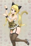  1girl absurdres animal_ears bare_shoulders blonde_hair blush breasts brown_eyes cat cleavage collar eyebrows_visible_through_hair eyes_visible_through_hair fairy_tail fake_animal_ears feet_out_of_frame gaston18 hair_between_eyes high_heels highres large_breasts leotard looking_at_viewer lucy_heartfilia open_mouth paw_pose sandals sleeveless solo standing standing_on_one_leg teeth thighhighs tongue twintails 