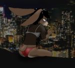  anthro black_hair blue_eyes bra brown_body brown_fur ciggarette city cityscape clothed clothing female fur hair hi_res lagomorph long_ears mammal panties partially_clothed phoebe(character) short_hair smoking_tobacco solo underwear unknown_artist 