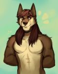  abstract_background absurd_res anthro brown_body brown_eyes brown_fur brown_hair canid canine canis collar fur hair hands_behind_back hi_res kyssick long_hair male mammal muscular smile standing wolf 