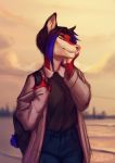  2020 5_fingers absurd_res anthro canid canine clothed clothing day detailed_background digital_media_(artwork) female fingers fox hair hi_res mammal nelly63 orange_eyes outside sky smile 