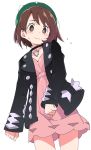  1girl black_choker black_jacket blush brown_eyes brown_hair choker closed_mouth cosplay dress green_headwear ixy jacket long_sleeves looking_at_viewer mary_(pokemon) mary_(pokemon)_(cosplay) pink_dress pokemon pokemon_(game) pokemon_swsh short_hair simple_background solo tam_o&#039;_shanter white_background yuuri_(pokemon) 