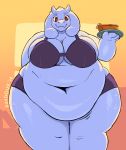  2019 anthro belly belly_overhang big_belly big_breasts bikini boss_monster bovid breasts caprine clothing deep_navel female food goat hi_res horn looking_at_viewer love_handles mammal mature_female navel obese obese_female overweight overweight_female pie plate psydoux smile solo standing swimwear thick_thighs toriel undertale video_games white_body wide_hips 