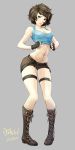  1girl absurdres alternate_costume bangs bare_shoulders belt boots breasts brown_eyes brown_hair commentary_request cosplay dated embarrassed fingerless_gloves full_body gloves grey_background highres holding_clothes kawakami_sadayo lara_croft lara_croft_(cosplay) looking_at_viewer midriff navel ozkh persona persona_5 short_hair shorts signature simple_background solo standing tank_top tomb_raider 