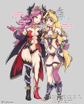 2girls ;) angela_(seiken_densetsu_3) ankle_boots ankle_wings armor armored_dress black_horns blonde_hair blush boots breasts center_opening cleavage demon_horns detached_sleeves embarrassed english_text forehead_jewel forehead_protector full_body gebyy-terar head_wings helmet horns long_hair low-tied_long_hair medium_breasts multiple_girls one_eye_closed purple_eyes purple_hair revealing_clothes riesz seiken_densetsu seiken_densetsu_3 single_thighhigh smile spiked_anklet thighhighs vambraces very_long_hair winged_helmet wings 