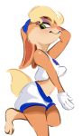  2020 anthro blush bottomwear buckteeth clothed clothing female fully_clothed fur green_eyes hair hi_res lagomorph leporid lola_bunny looney_tunes mammal midriff pink_nose rabbit shorts simple_background solo tan_body tan_fur teeth tohupo warner_brothers white_background 