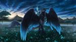  2020 amazing_background ambiguous_gender anthro aurru black_body black_fur blue_body blue_feathers clothed clothing detailed_background digital_media_(artwork) dragon feathered_dragon feathered_wings feathers fur furred_dragon grass hi_res outside sky solo tree twilight wings 