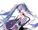  1girl amatsukiryoyu armpit_peek black_neckwear blue_eyes blue_hair breasts floating_hair hatsune_miku long_hair looking_at_viewer looking_to_the_side necktie shirt sleeveless sleeveless_shirt small_breasts solo twintails very_long_hair vocaloid white_background wide_sleeves 