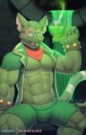  5_fingers anthro athletic bandage bottomwear buckteeth chipped_ear claws clothed clothing eyewear finger_claws fingers flask fur goggles green_body green_bottomwear green_clothing green_fur green_liquid green_shorts hi_res league_of_legends long_tail looking_at_viewer male mammal murid murine muscular muscular_male nipples open_mouth partially_clothed pink_ears pink_nose primodrago rat rat_tail red_bandanna red_eyes red_scarf riot_games rodent scarf sewer shorts sitting solo spread_legs spreading teeth tongue torn_clothing twitch_(lol) video_games white_claws 