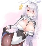  1girl bear_hair_ornament black_legwear blush breasts eyebrows_visible_through_hair fatkewell girls_frontline gloves hair_ornament hair_over_one_eye large_breasts long_hair looking_at_viewer pantyhose pk_(girls_frontline) red_eyes silver_hair solo very_long_hair 