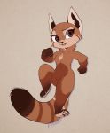  2020 3_toes ailurid anthro brown_background brown_body brown_eyes brown_fur claws featureless_crotch female fur gloves_(marking) hi_res mammal markings mixed_media nude red_panda ribbontini signature simple_background solo text toe_claws toes 