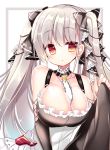  1girl azur_lane bare_shoulders between_breasts black_bow black_dress black_sleeves blush bow breasts brown_eyes cleavage closed_mouth collarbone detached_sleeves dress formidable_(azur_lane) frilled_dress frills glint grey_background hair_bow hand_up large_breasts long_hair looking_at_viewer shikito sidelocks silver_hair solo twintails two-tone_background very_long_hair white_background 