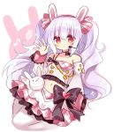  1girl :o animal_ears azur_lane bangs bare_shoulders black_bow blush bow bunny_ears collarbone eighth_note eyebrows_visible_through_hair hair_between_eyes hair_bow hairband hand_up headset heart highres laffey_(azur_lane) laffey_(halfhearted_bunny_idol)_(azur_lane) long_hair long_sleeves looking_at_viewer midriff musical_note navel pantyhose parted_lips pink_bow pink_hairband pink_skirt plaid plaid_skirt pleated_skirt purple_hair red_eyes shikito shirt sidelocks single_strap skirt sleeves_past_wrists solo twintails very_long_hair white_legwear white_shirt 
