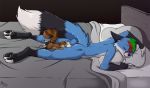  2020 anthro balls bed black_body black_ears black_fur black_pawpads black_tail blue_body blue_butt blue_fur blue_tail butt canid canine fox fuf fur furniture genitals head_on_pillow hi_res larger_male leg_markings lying male mammal markings multicolored_body multicolored_fur multicolored_tail nude on_bed on_front pawpads pillow size_difference socks_(marking) white_body white_fur white_tail 