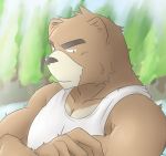  2014 anthro baru_x2 brown_body brown_fur clothing fur humanoid_hands juuichi_mikazuki male mammal morenatsu outside overweight overweight_male shirt solo topwear ursid video_games visual_novel 