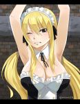  1girl absurdres armpits arms_up artist_name bare_shoulders blonde_hair blush breasts brown_eyes cleavage detached_collar eyebrows_visible_through_hair eyes_visible_through_hair fairy_tail gaston18 hair_between_eyes highres large_breasts long_hair lucy_heartfilia maid maid_headdress one_eye_closed sleeveless solo teeth twintails upper_body wall watermark 