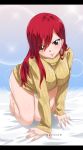  1girl absurdres all_fours artist_name bed blush breasts brown_eyes earrings erza_scarlet eyebrows_visible_through_hair eyes_visible_through_hair fairy_tail full_body gaston18 hair_between_eyes highres jewelry large_breasts long_hair looking_at_viewer on_bed red_hair smile solo sweater watermark 