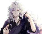  1boy arm_up closed_mouth commentary_request eyebrows_visible_through_hair fate/grand_order fate_(series) fuyuomi hair_between_eyes hand_up japanese_clothes kimono long_hair looking_at_viewer male_focus merlin_(fate) purple_eyes simple_background upper_body white_background white_hair 