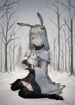  1girl animal animal_ears arknights bare_tree black_dress black_footwear black_gloves black_legwear black_sweater boots bunny bunny_ears capelet closed_mouth coat commentary dress expressionless facial_scar frostnova_(arknights) full_body gloves grey_sky hair_ornament hair_over_one_eye hairclip highres holding holding_animal holding_bunny kuiqiu_kq looking_at_viewer medium_hair outdoors ribbed_sweater scar silver_eyes silver_hair sitting snow solo sweater thighhighs torn_clothes tree turtleneck turtleneck_sweater wariza white_capelet white_coat zettai_ryouiki 