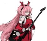  1girl 2017 antler_hairband antlers bag bangs bare_shoulders bell bell_collar big_hair black_bag black_hairband breasts collar detached_sleeves dress fur-trimmed_dress fur_trim girls_frontline hair_between_eyes hairband holding long_hair ntw-20_(girls_frontline) pink_eyes pink_hair ran_(bukeranwu) red_sleeves reindeer_antlers shoulder_bag sideboob simple_background sleeveless_sweater solo sweater sweater_dress two-tone_dress two-tone_hairband very_long_hair white_background 